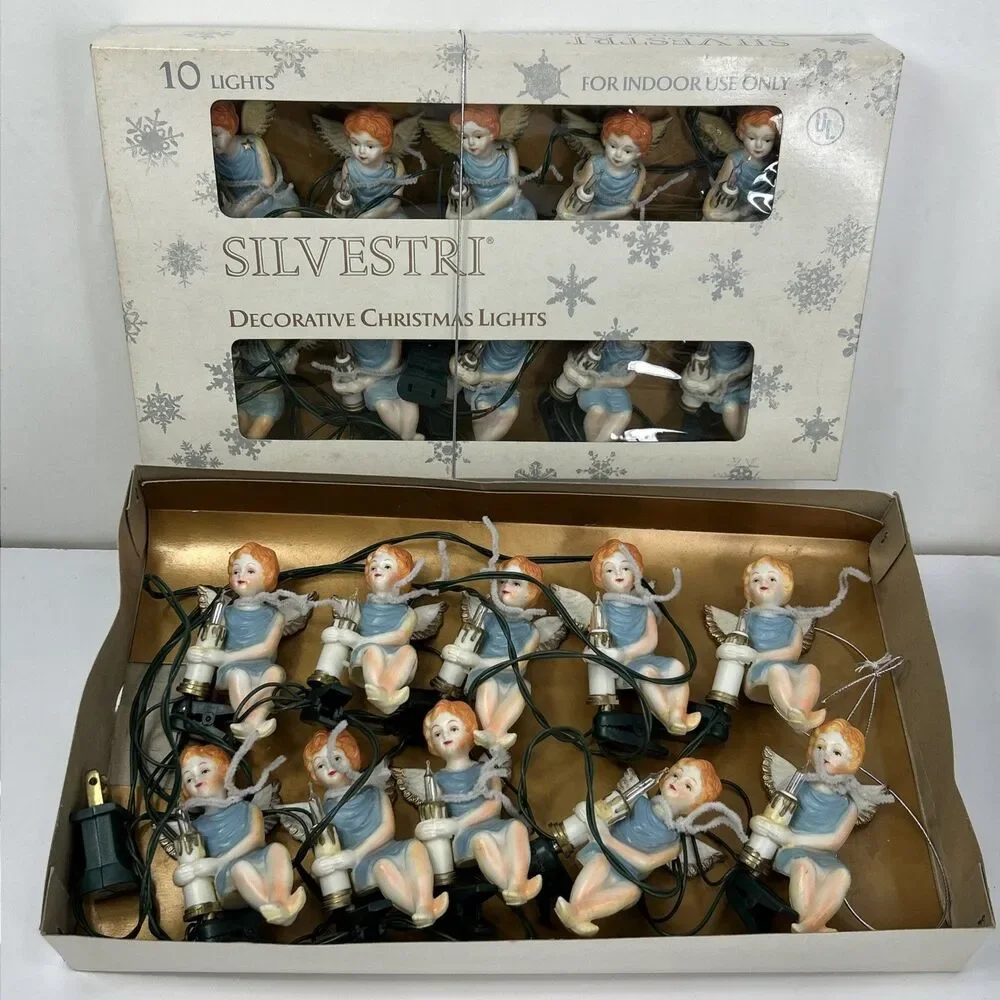 Silvestri Christmas String Light Angel Cherubs 10 Blow Mold Candle & Clips READ